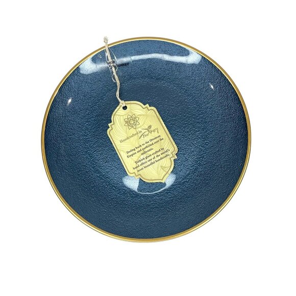 Turkish Glass 4 Salad Dessert Plates Set Blue Texture Gold Rim 8.25" NWT - Picture 3 of 11